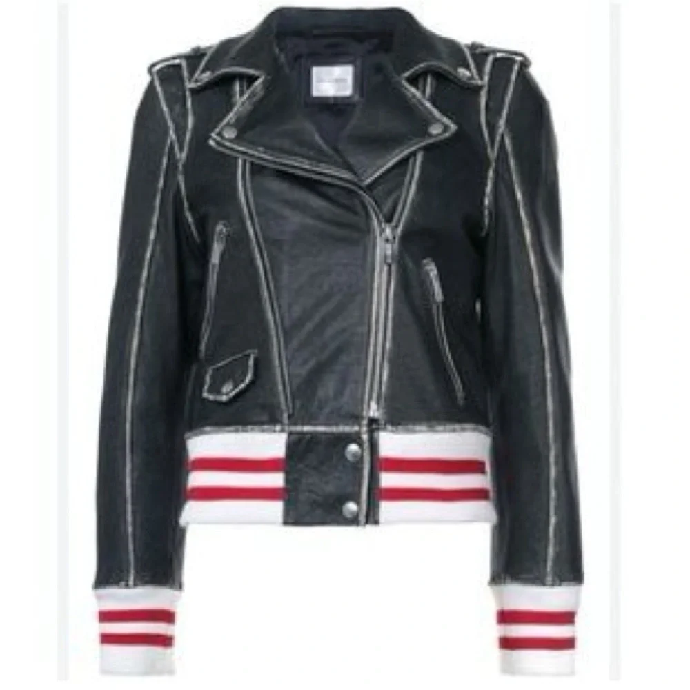 Anine Bing Quinlan Moto Biked Jacket with Varsity Cuffs and Hem - Picture 11 of 12